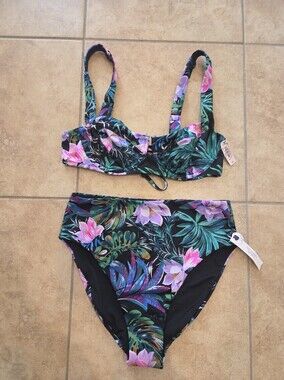 NWT Victoria's Secret SWIM Black Palm Bikini Set Balconet Top High Waist S 34C